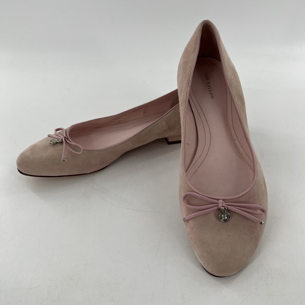 Ann Taylor Ballet Flat Womens Blush Pink Suede‎ Leather Rhinestone Charm Bow 10M